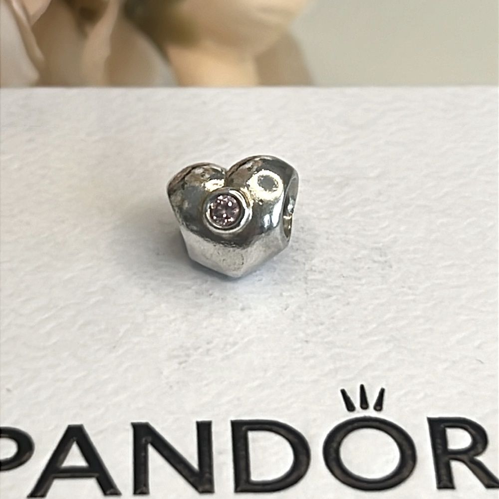 Genuine Pandora 925 Silver Heart Charm with Pink CZ Stone